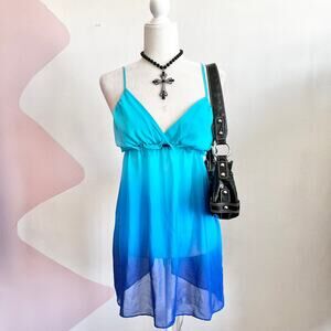 Blue Sheer Babydoll‎ Dress, Coquette Y2K Lingerie Romantic Vintage Small